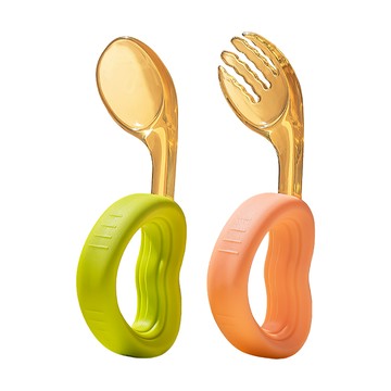 JoyNa - 兒童餐具 心形叉勺  寶寶餐具 兒童學習湯匙叉子-嫩果綠+珊瑚橘