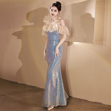 一字肩藍色人魚姬晚禮服2026新款訂婚結婚新娘敬酒服主持魚尾顯瘦