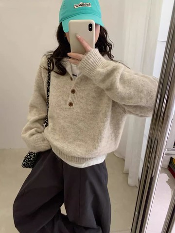 【百搭系列】雲絮半釦翻領開襟針織上衣