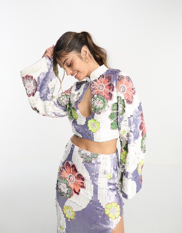 ASOS DESIGN floral embellished keyhole detail long sleeve top co-ord in lilac-Purple