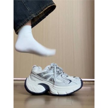 小眾復古灰藍色厚底老爹鞋女2025春季爆款輕便百搭增高休閑運動鞋