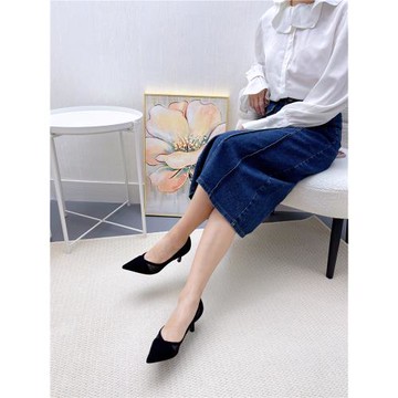 2024年新款網紗鏤空透氣尖頭高跟鞋5厘米淺口細跟單鞋黑色工作鞋