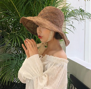 FINDSENSE X 女生學生蕾絲綁帶大沿草帽復古折疊草編沙灘女帽子夏天出游防曬遮陽帽