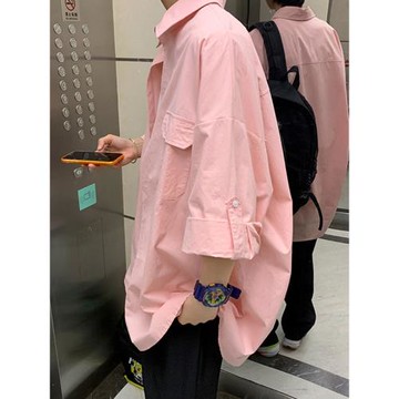 粉色七分袖襯衫男款夏季日系cityboy工裝短袖襯衣設計感小眾外套
