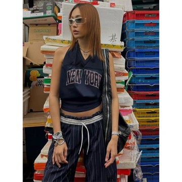 gagaopt美式字母印花性感背心女V領露背綁帶辣妹無袖內搭上衣夏季