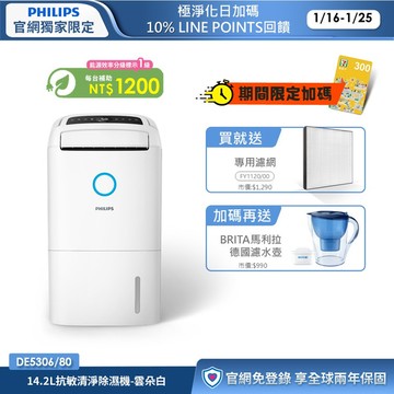 限時折1000★送2年份濾網+享節能補助$1200★飛利浦 14.2L抗敏清淨除濕機-雲朵白(DE5306/80)-適用18坪