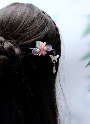 檸檬手作髮飾  粉紫瑪瑙丁香花黑檀木髮簪(流蘇可拆)