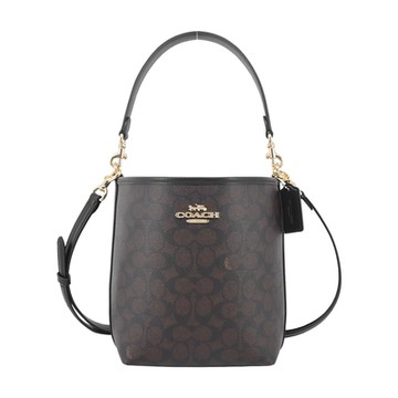 【COACH】CITY 經典馬車Logo防刮皮革側肩/斜背兩用水桶包(深咖黑)