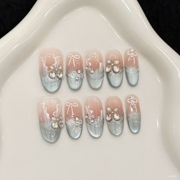 💟加一手工甲💅🏻藝禾穿戴甲【藍調冰紗】沙灘海浪冰藍貓眼顯白美甲高級氣質美甲貼純手工穿戴甲 FNDP