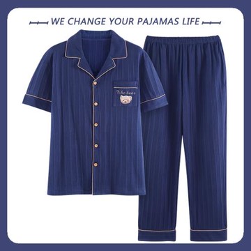 男士睡衣2025年新款夏季純棉短袖長褲薄款大碼開衫家居服套裝男生