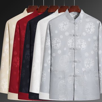 中國風春秋中老年唐裝男長袖薄款爸爸桑蠶絲上衣爺爺老人生日過壽