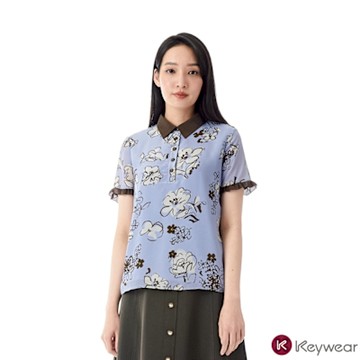 KeyWear奇威名品    襯衫領真絲花卉上衣-灰紫色