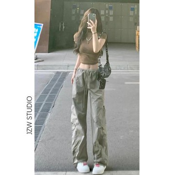 美式綠咖色闊腿工裝褲女秋冬新款辣妹寬松顯瘦速干抽繩運動休閑褲