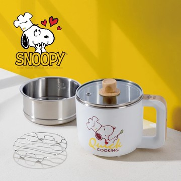 【SNOOPY 史努比】吃貨系列 S19雙層防燙快煮鍋1.2L 白木紋 + M1909蒸具 x1