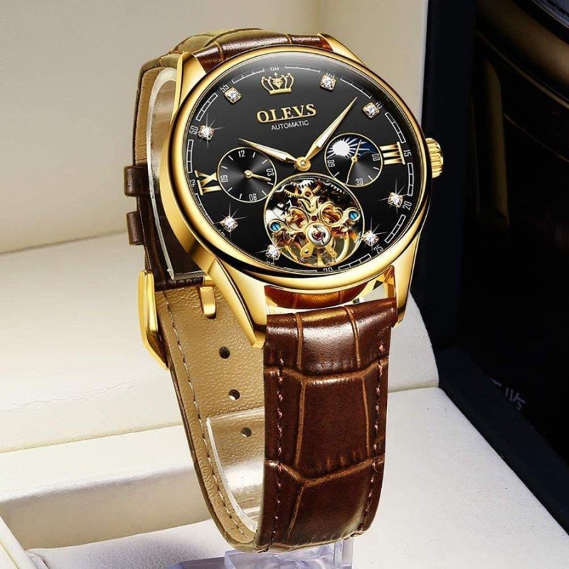 OLEVS 腕時計 メンズ 人気 レザー 自動巻き腕時計 スケルトン 紳士 革