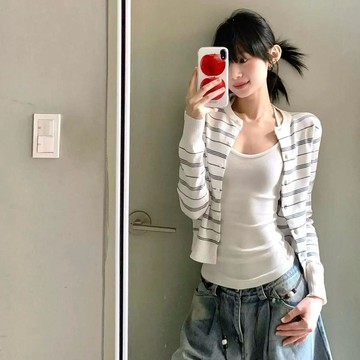 針織開衫女 百搭長袖外套 佑詩YSYOURS韓系復古白色條紋針織開衫女春季外套短款小個子上衣0913