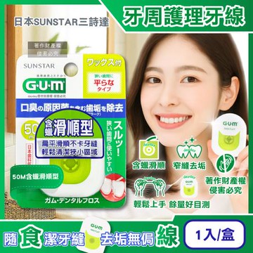 日本SUNSTAR三詩達-GUM狹窄齒縫清潔牙周護理牙線1入/盒-50M含蠟滑順型(去齒垢用扁平潔牙線,除牙縫殘渣,彈力尼龍好抽取便攜剔牙工具)