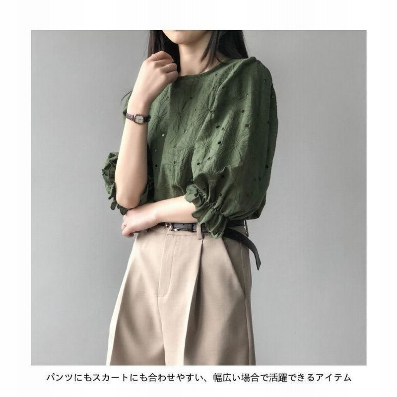 ブラウス 7分丈袖 森ガール レディース サマーブラウス ゆったり レトロ 花柄 刺繍 穴開き 綿混 7分丈袖ブラウス パフスリーブ hbjt10665.jpg