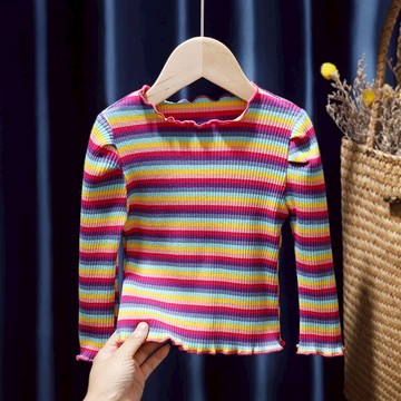 女童長袖T恤打底衫春秋薄款中小童韓版純棉洋氣彩虹條紋針織上衣