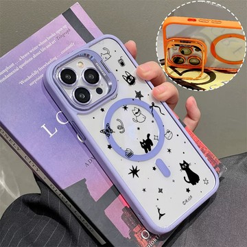 星星蝴蝶貓咪磁吸手機殼 金屬鏡頭支架 保護殼 適用於iPhone 17 16 15 14 13 12 11 Max防摔殼