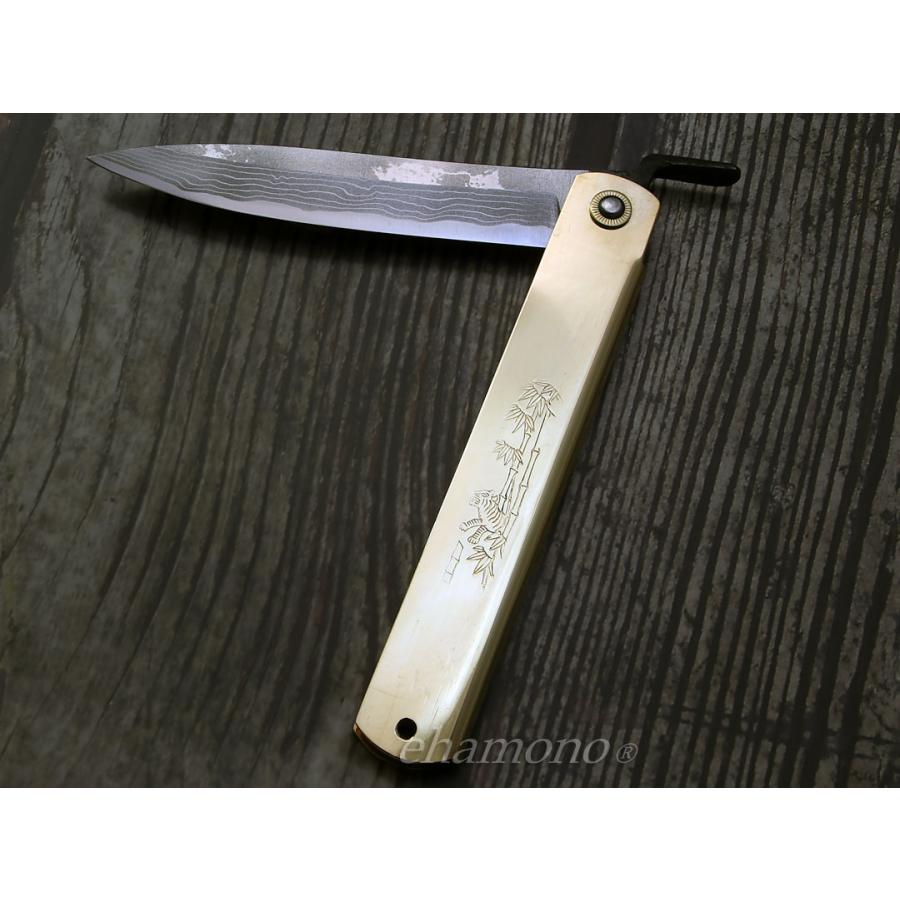 かね駒　肥後守　特選青紙割込５寸　ジャンボ　多層鋼　笹刃型〜Higonokami Knife Aogami Jumbo Damascus