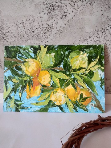 檸檬畫。檸檬牆藝術。原畫。牆上裝飾的油畫。