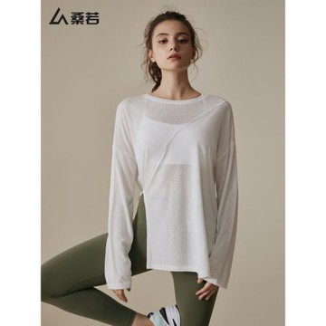 瑜伽服女春秋款跑步運動寬松罩衫T恤普拉提訓練長袖上衣健身套裝