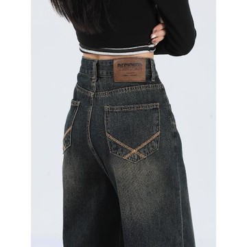 (免運)春秋復古高腰闊腿牛仔褲女秋冬小個子美式高街vintage直筒褲春裝