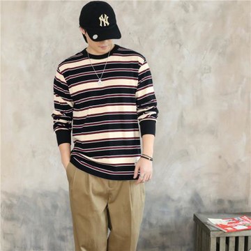美式280g重磅厚棉綠色條紋長袖T恤男 春秋季情侶海魂衫上衣打底衫