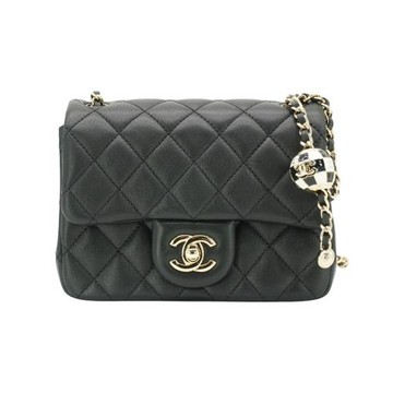 Chanel 展示品 Coco 菱格羊皮黑白琺瑯調節金球方胖斜背包-17cm(AS1786-黑)