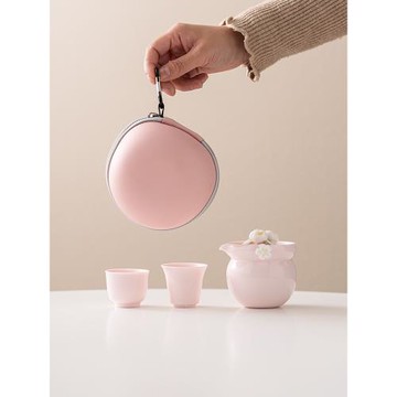 脂粉捏花旅行茶具套裝戶外便攜式露營收納包陶瓷快客杯泡茶壺茶杯