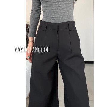 175高個子加長180黑色闊腿褲女垂墜感高腰寬松顯瘦直筒拖地西裝褲
