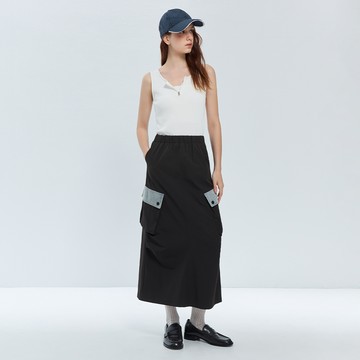 SO NICE 運動風三防拼接牛仔彈力腰頭長裙