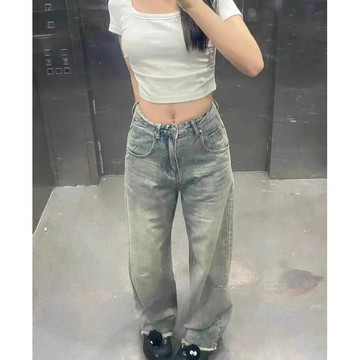 Muun Studio復古刷色高腰顯瘦百搭直筒美式闊腿落地褲