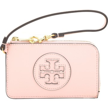 TORY BURCH Ella Bio 可吊掛雙T徽標皮革拉鍊卡片夾/零錢包(粉色)