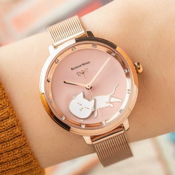 風起時-童趣系列【頑皮貓】搖擺貓咪米蘭鍊帶手錶【WBW0328-021】-粉色-米蘭玫金