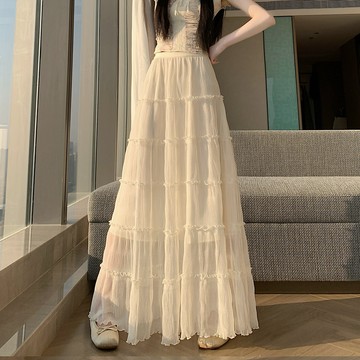 木耳邊百褶裙蛋糕半身裙女春夏新款a字傘裙垂感大擺長裙