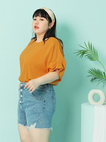 涼爽不易皺雪紡純色裝飾釦短袖上衣