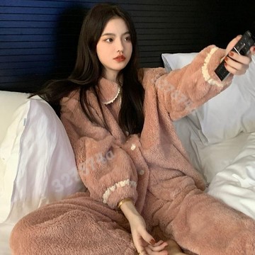 新款💖家居服睡衣 韓版加厚睡衣女珊瑚絨2022年新款冬天甜美法蘭絨家居服春秋套裝可外穿 睡衣女 可愛睡衣 睡袍 珊瑚絨