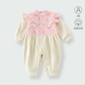 嬰兒連體衣中國風春秋裝女寶寶衣服喜慶外出服嬰幼兒滿月百天爬服鑫弘-素時衣櫥