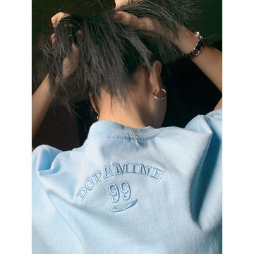 【刺繡】 多巴胺 baby blue淺藍衝浪T恤美式男女休閒復古短袖上衣百搭 復古寬鬆 百搭ins  基本款 圓領 重磅