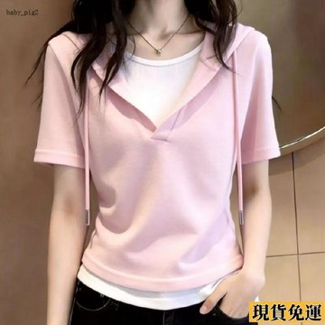 ✨桃園發出✨ 胖mm 假兩件連帽撞色 短袖 t恤女2026 夏季 新款 遮肉 顯瘦 時尚 百搭 上衣