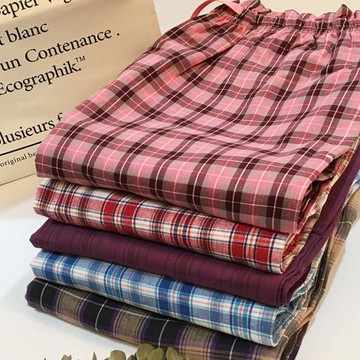 夏季女士薄款純棉女睡褲夏款大碼格子全棉休閑家居褲寬松居家長褲