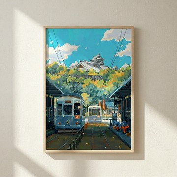 Nuomi 諾米 |熊本城-日本街景插畫 - 黑胡桃色鋁框-中尺寸：50 x 70 cm