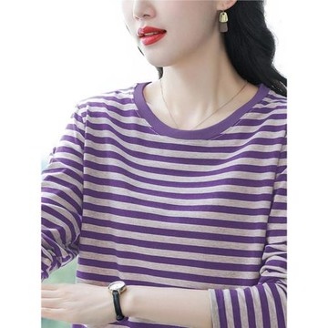 今年新款秋季裝純棉長袖t恤女寬松大碼打底衫秋衣外穿條紋上衣服