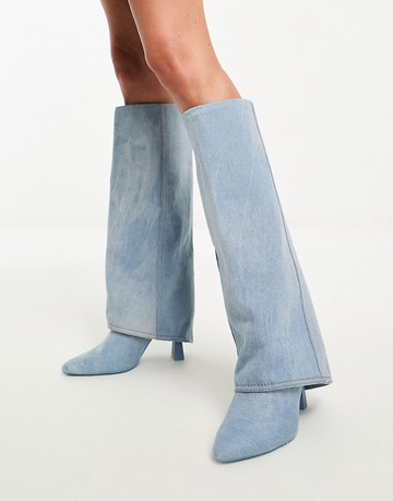 Stradivarius folder over knee high boot in blue