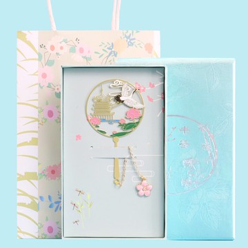 團扇中國風金屬書簽文創設計送禮小清新免費刻字送盒子禮袋學生獎品校園定制企業刻字仙鶴