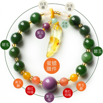 掌柜年終福利天然新疆和田碧玉手鏈女款配蜜蠟紫云母南紅瑪瑙手串