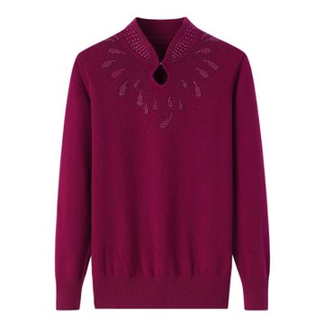 純山羊絨衫女立領燙鉆中老年紅色喜慶過年秋冬寬松毛衣毛衫E2854