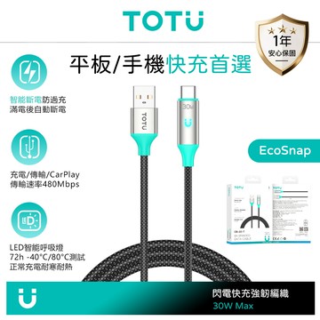 TOTU 拓途 智能斷電 Type-C充電線傳輸線編織快充線 QC4.0 LED呼吸燈 EcoSnap系列 1.2M